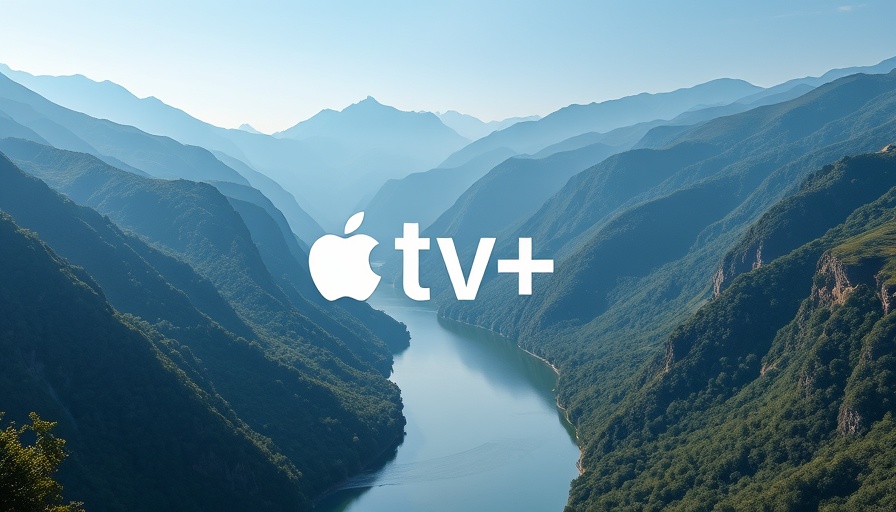 Apple TV+ logo over scenic river valley, lush green mountains.