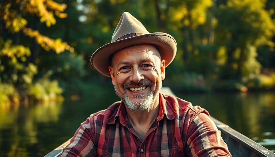 Friendly man tipping hat in a boat, warm forest scene.