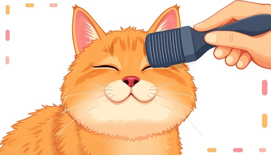 Orange cat being brushed with a comb against pastel background.