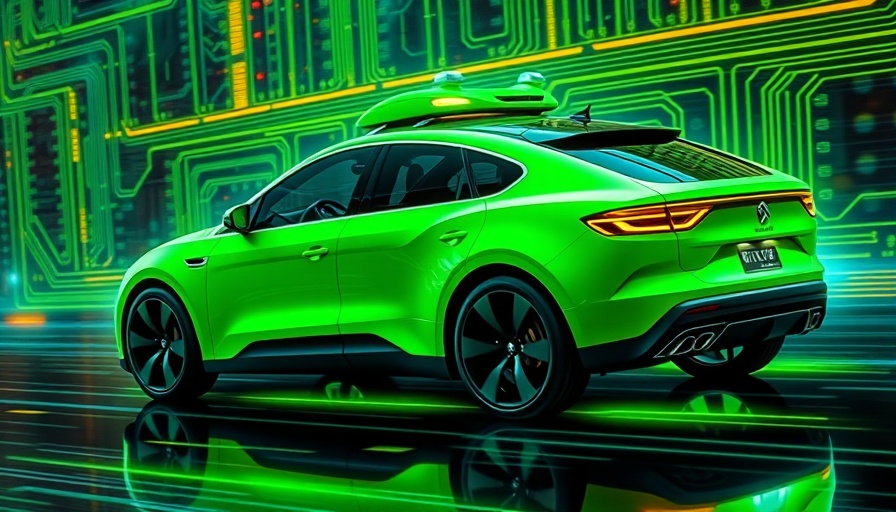 Tesla Dojo and self-driving car in a neon circuit board setting