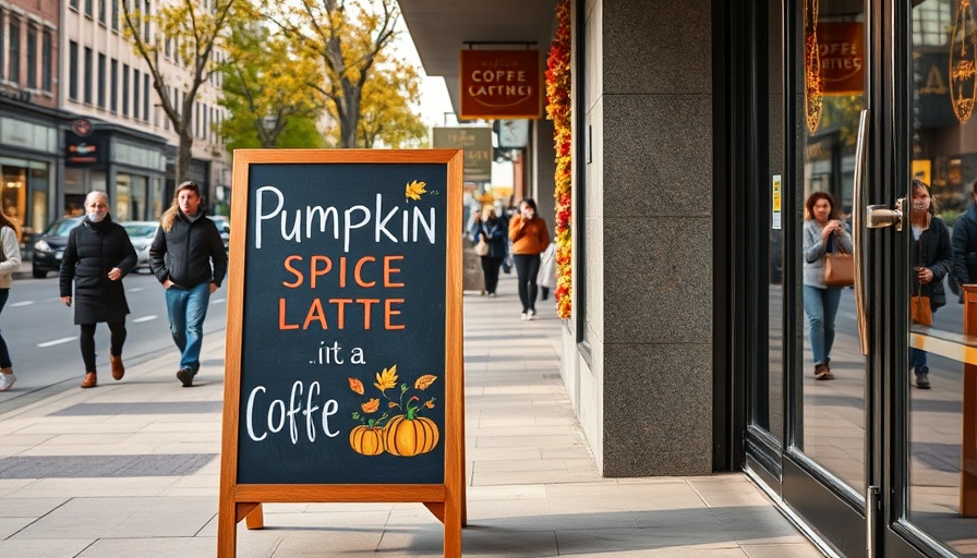 Pumpkin Spice Latte sales surge chalkboard sign on urban street.