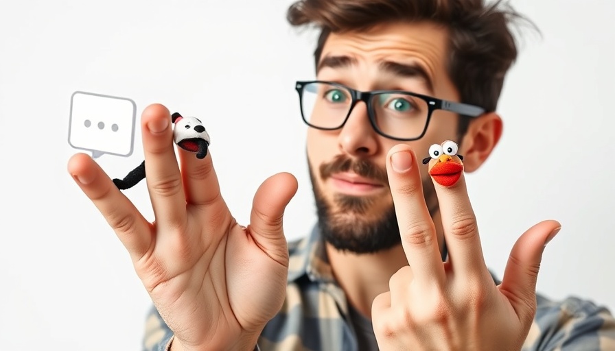 Man with finger puppets pointing at chat bubble icon, automate repetitive tasks with AI