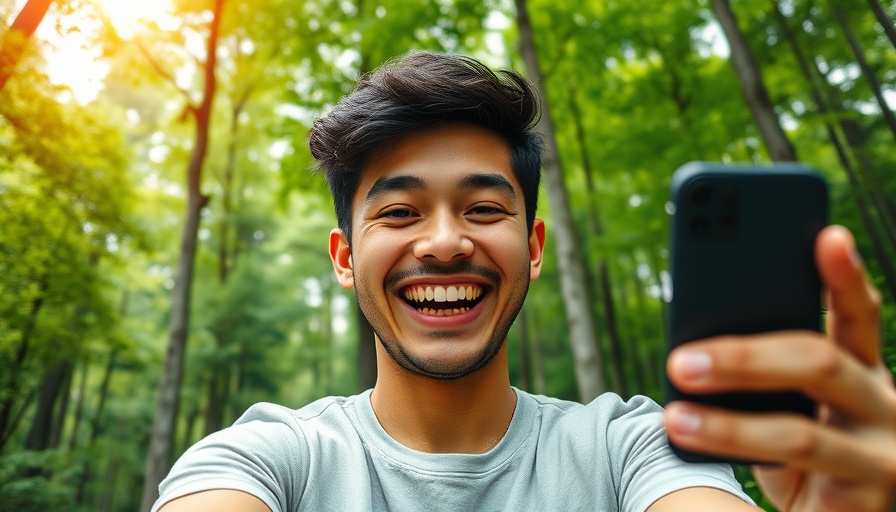 AI-generated backgrounds for video chats, person smiling in virtual forest.