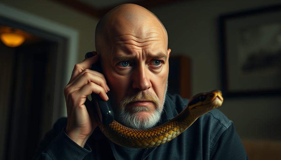 Man holding snake and talking on phone in dimly lit room.