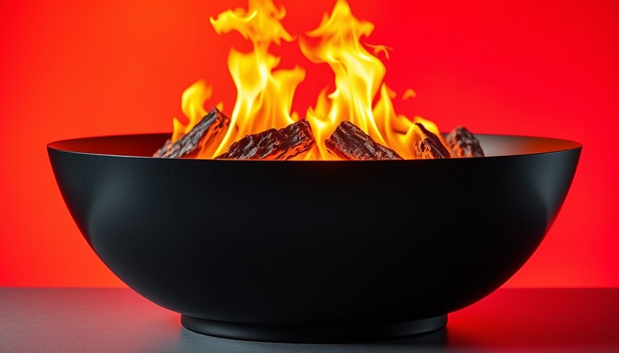 Sleek black smokeless firepit with vibrant flames on a colorful background.
