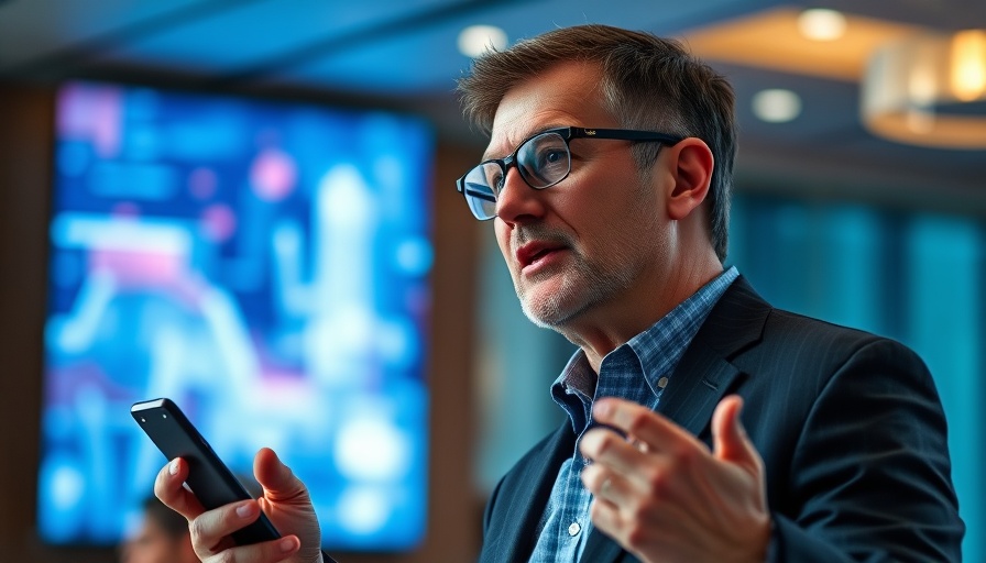 Middle-aged man with glasses holding a smartphone at a conference discussing Huawei smartphone security.