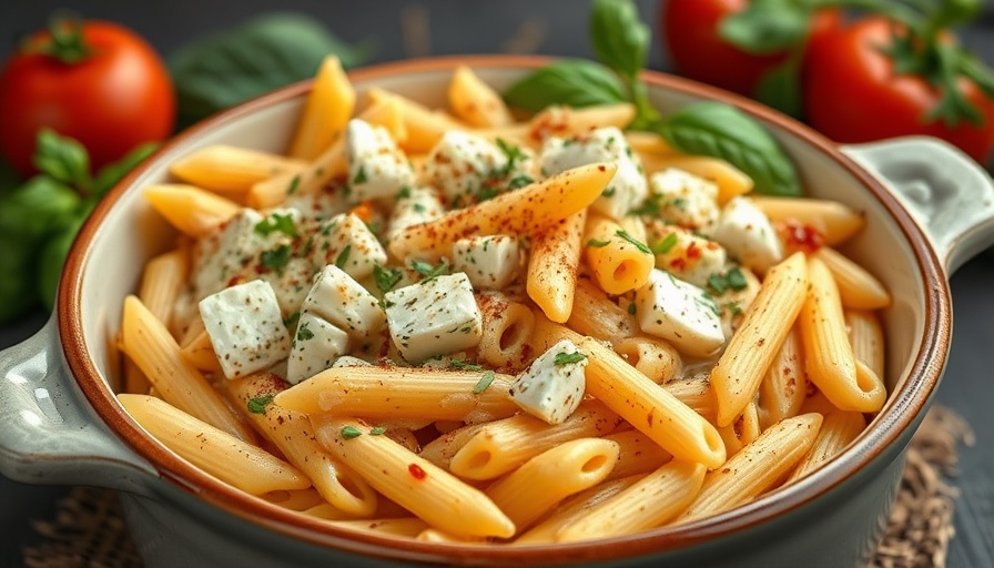 Baked feta pasta with penne and herbs in ceramic dish.