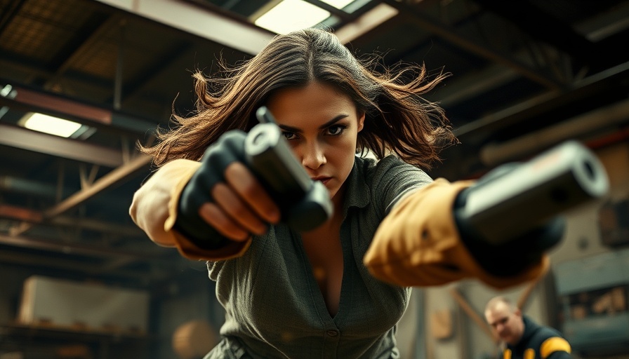 Intense martial arts scene in an industrial setting.