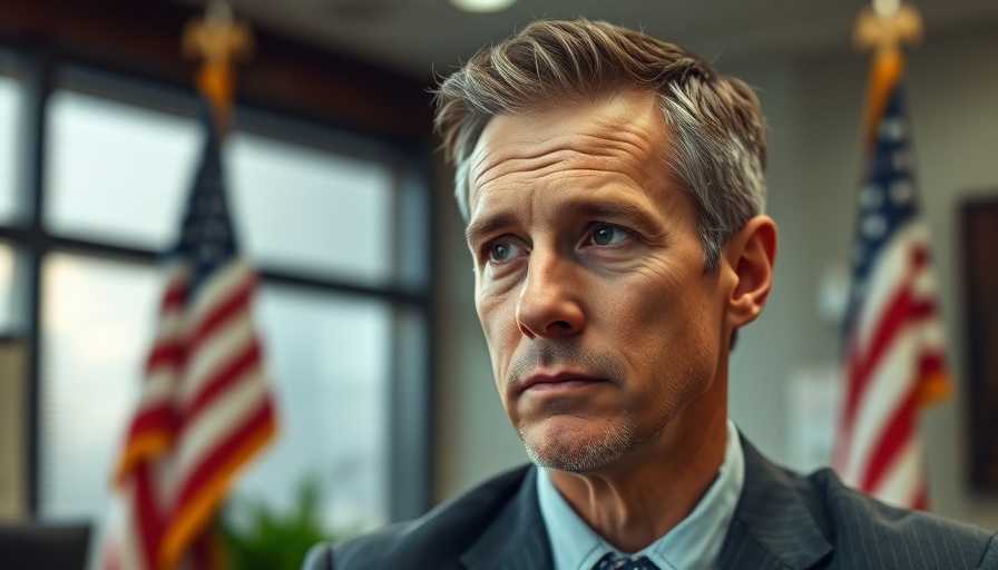 Contemplative mature male in office with flags, Trump tariff powers Supreme Court appeal.
