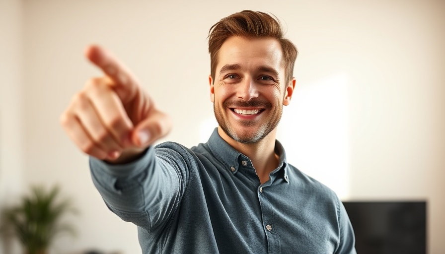 Confident man pointing indoors with a slight smile, bright background