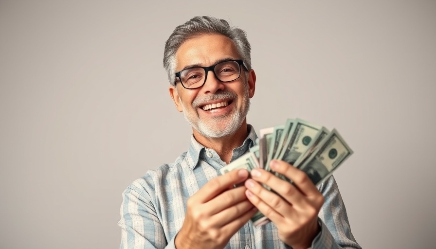 Cheerful man holding cash for financial clarity.