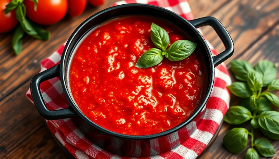 Easy marinara sauce in a pot with basil garnish.