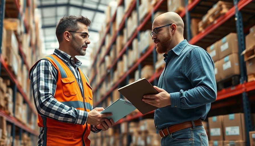 Warehouse workers discussing inventory management software.