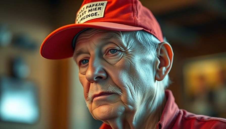 Older man in red cap contemplating, vibrant indoor setting.