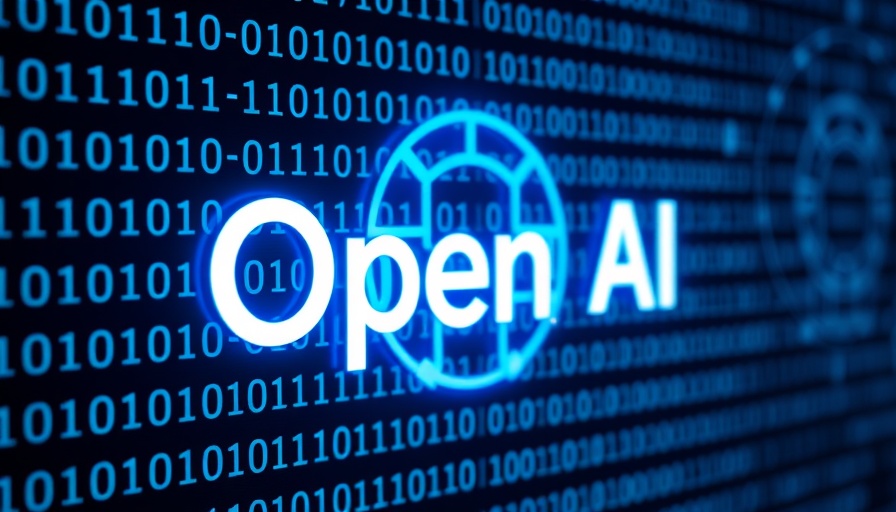 Close-up of OpenAI logo with binary code background, vibrant blue glow.