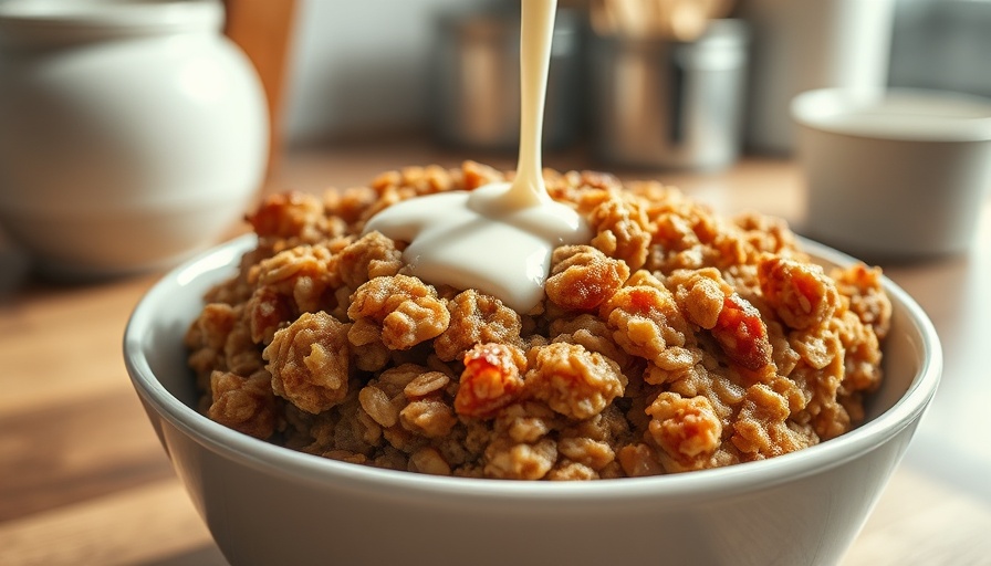 Brown sugar baked oatmeal topped with milk on a plate.