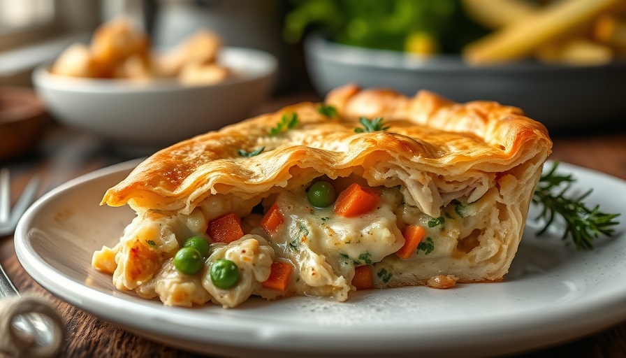 Golden slice of homemade chicken pot pie on a plate