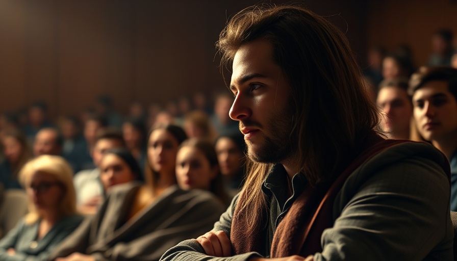 Emotional classroom scene with man and woman embracing.