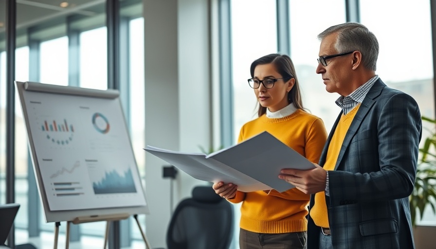 Two professionals discuss new employee orientation agenda in office.