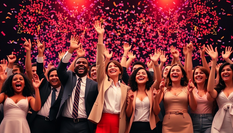 Group celebrating on stage with dramatic lighting, Apple TV+ early Emmy wins.