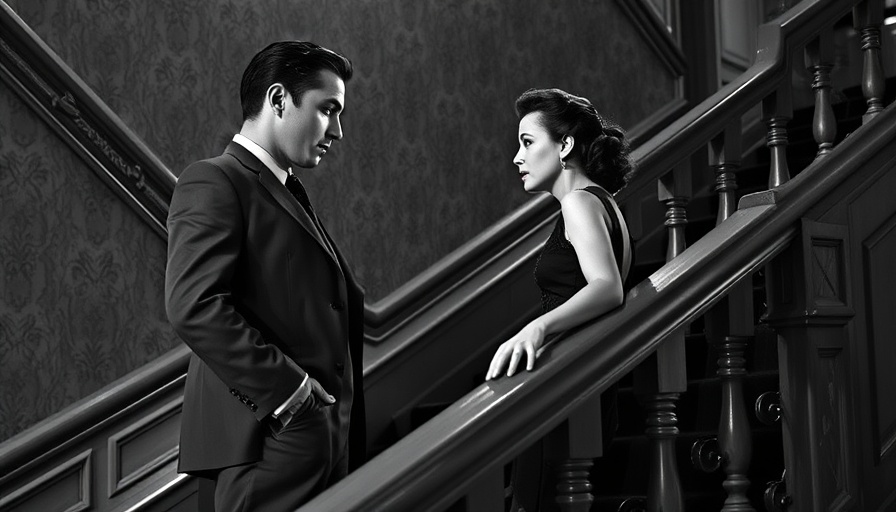 AI-driven storytelling in classic 1940s film scene with dramatic staircase.