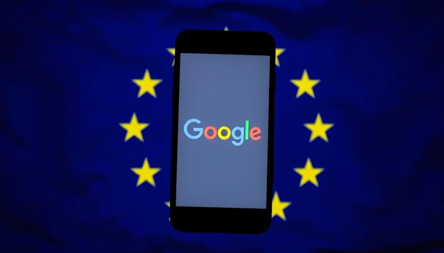 Smartphone silhouette with Google logo over EU flag, symbolizing Google antitrust fine 2025.