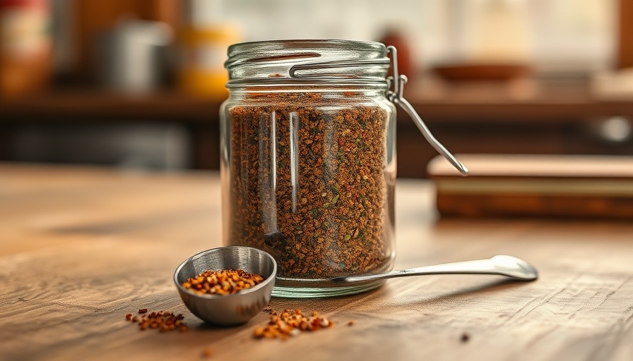 Homemade Italian seasoning in glass jar with measuring spoon on wood.