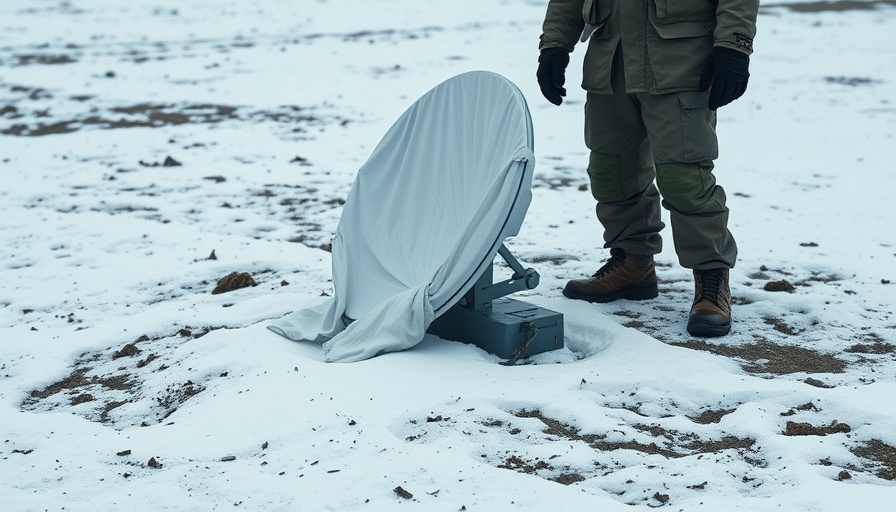 Satellite dish in snowy terrain for direct-to-phone satellite internet service