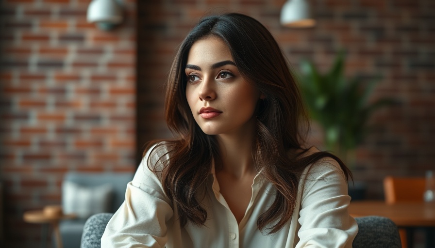 Young woman in a blue blouse pondering career opportunities at home.