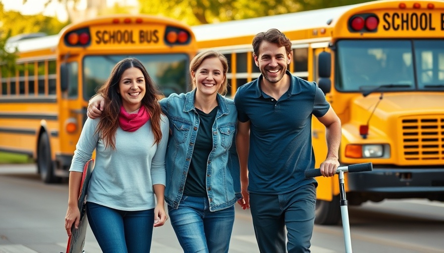Parenting tips for school year: family walking near school bus, smiling