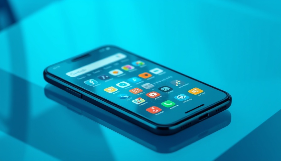 Modern smartphone representing Apple Intelligence with apps and abstract background.