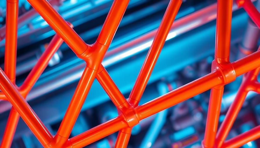 Abstract view of metallic pipes glowing in orange hues.