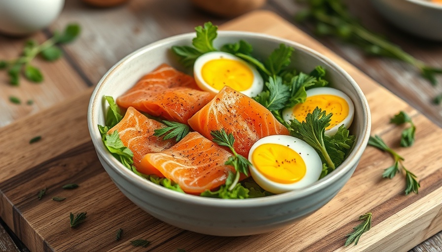 Smoked Salmon Breakfast Bowl with greens and eggs on a board.