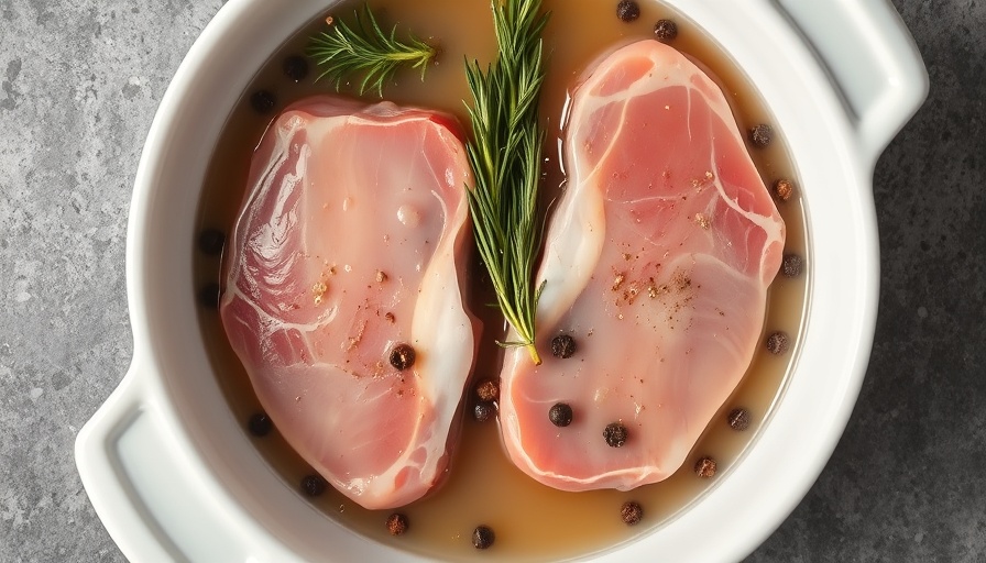 Pork chops in brine with spices in a white dish.