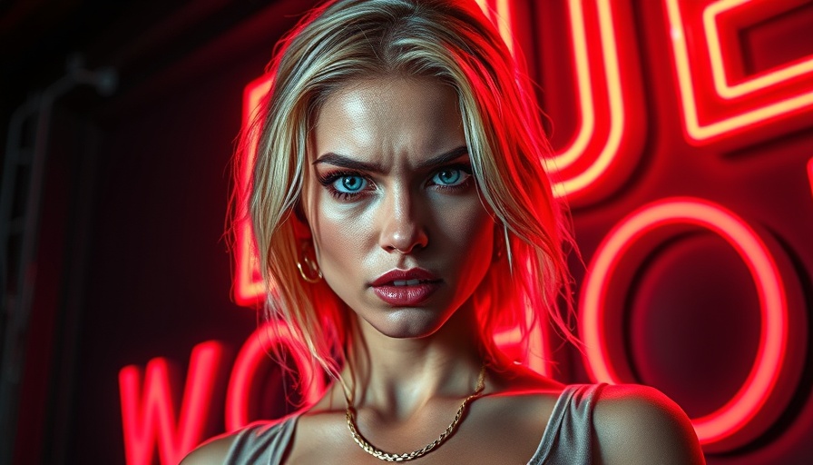 Staggered Release Model in Television: Woman with intense expression before neon text.