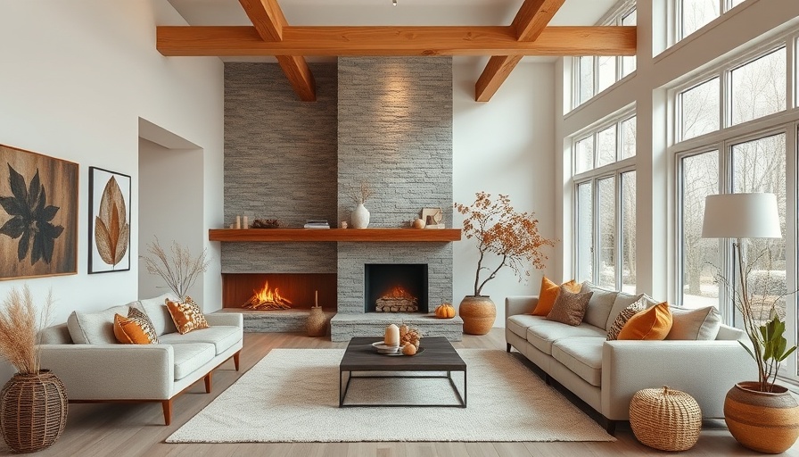 Cozy living room with 2025 fall decor trends: warm earthy tones, lit fireplace.