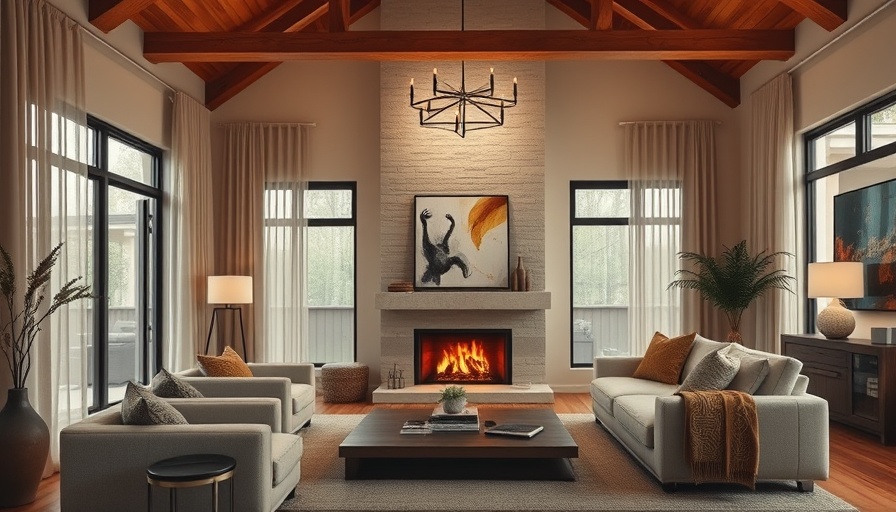 Modern cozy living room showcasing 2025 fall decor trends with a warm fireplace.