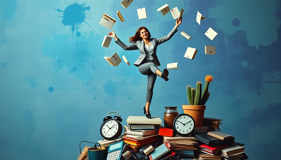 Surreal collage illustrating the myth of work-life balance with a woman balancing on office items.