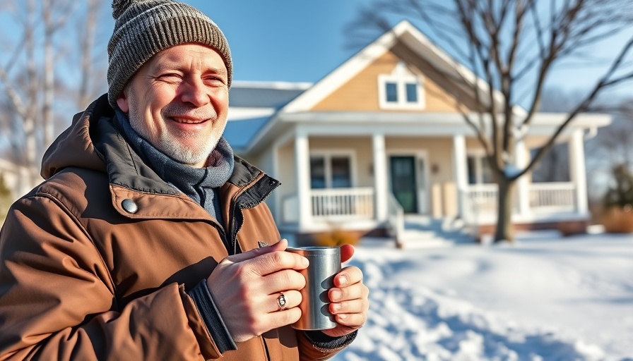 Smiling man in winter clothing enjoys snowy day outside modern home