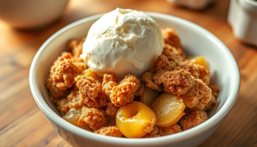 Homemade apple crumble recipe with ice cream in a bowl