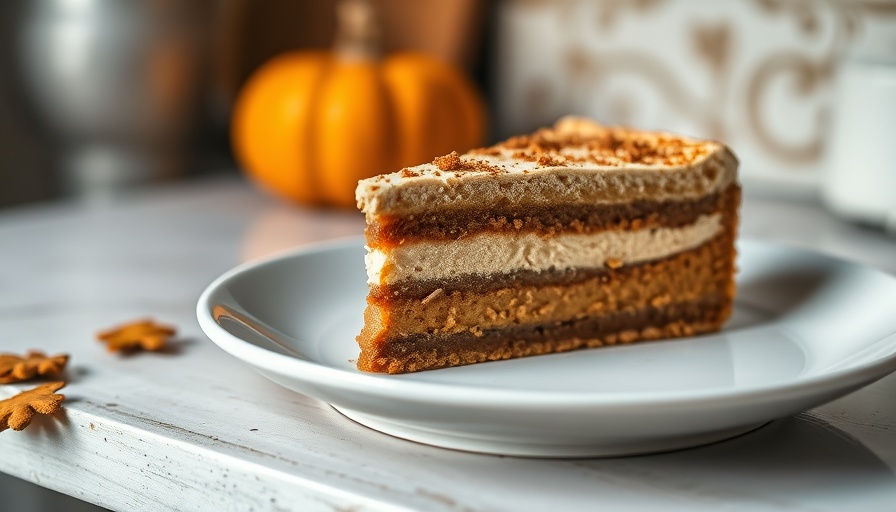 Pumpkin Spice Latte Tiramisu slice on a plate, with autumn decor.