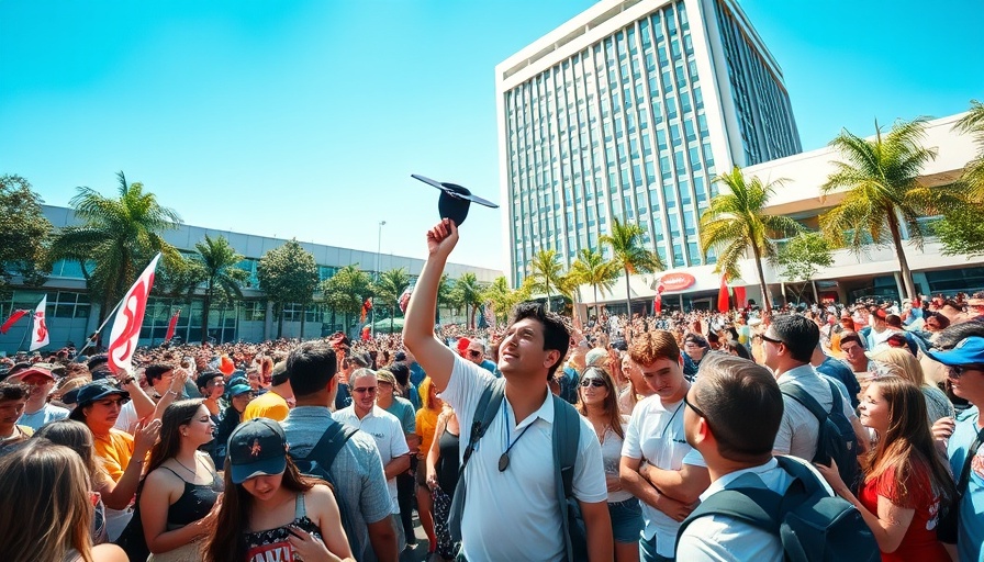 Outdoor event crowd with cap toss by speaker, lively gathering.
