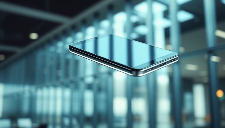 Futuristic smartphone design floating in a bright office setting.