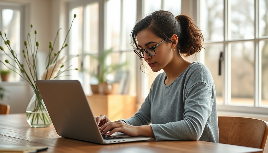 Focused young woman working on a laptop, serene office setting, Friday productivity list for parents.