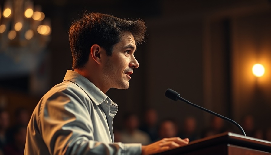 Young man at podium with serious expression, cinematic ambiance.