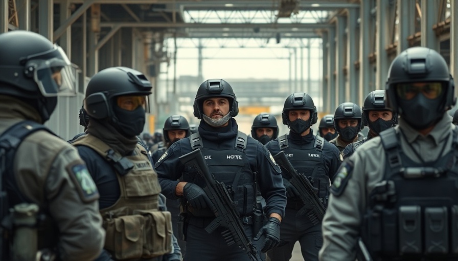 Security forces monitoring area with advanced gear for deportation technology.