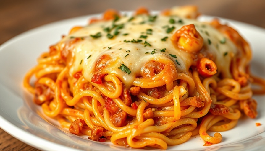 Delicious baked spaghetti casserole with cheese and herbs.