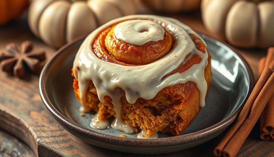 Moist pumpkin cinnamon roll with creamy frosting on a plate