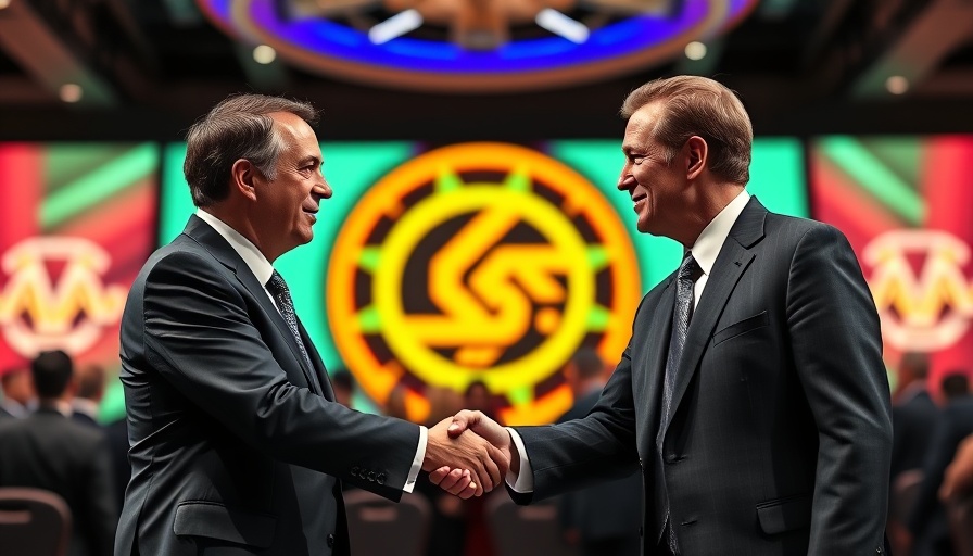 Two men shaking hands at a conference, national healing and radical left theme.