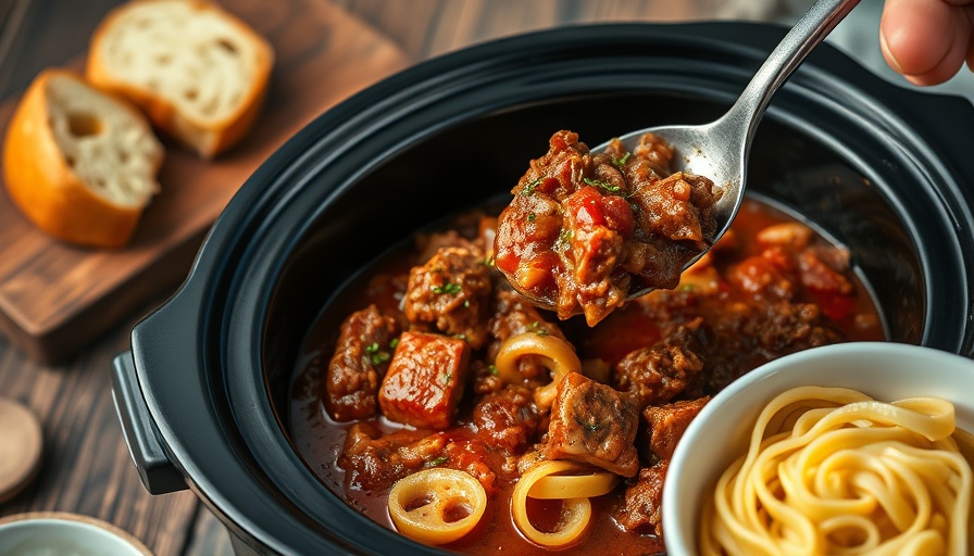 Rich slow cooker pork ragu with bread and pasta.